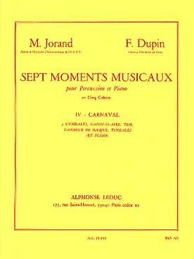 Illustration de 7 Moments musicaux - Vol. 4 : Carnaval (2 cymbales, caisse claire, tom, tambour de basque, timbales et piano)