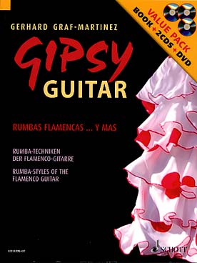 Illustration de Gipsy guitar : technique pour la rumba sur la guitare flamenco, solfège et tablature, avec 2 CD (texte anglais et allemand)