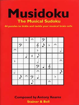 Illustration de MUSIDOKU, le sudoku musical : 44 grilles de niveau progressif, où les chiffres sont remplacés par des éléments du langage musical.