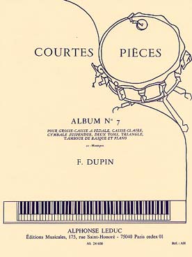 Illustration de Courtes pièces - Album N° 7 : caisse claire, cymbale   suspendue, 2 toms, grosse caisse, triangle, tambour basque et piano