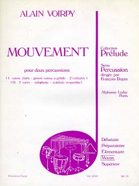 Illustration de Mouvement pour 2 percussions (caisse claire, grosse caisse, 2 timbales et 2 toms, xylophone, cymbale suspendue)