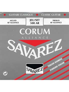 Illustration de CORDES SAVAREZ Alliance/Corum rouge (tension normale) - Jeu complet : 3 aiguës Alliance -  3 basses Corum filées plaquées argent 