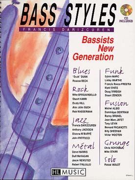 Illustration de Bass styles avec CD : blues, rock, jazz, métal, funk, fusion, grunge et solo