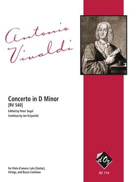 Illustration de Concerto RV 540 en ré m pour viole d'amour, luth (guitare), cordes et basse continue (C + P : solistes, violons 1 et 2, alto, violoncelle et clavecin)