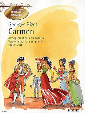Illustration de Carmen, arrangement pour piano facile par Heumann + argument et illustrations (français/anglais)