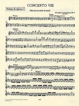 Illustration de Concerto grosso op. 6/8 en sol m "de Noël" pour 2 violons, violoncelle et orchestre à cordes - violon 1 solo concertant