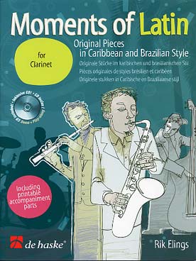 Illustration de MOMENTS OF LATIN : pièces originales de Rik Elings dans des styles brésiliens et caribéens, avec CD play-along + parties de combo PDF à imprimer