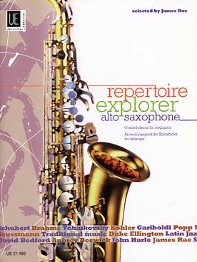 Illustration de REPERTOIRE EXPLORER alto saxophone : 36 pièces progressives tous styles, sél. James Rae (18 avec piano + 18 en solo)