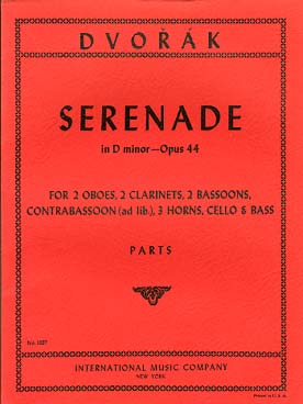 Illustration de Sérénade pour vents op. 44 en ré m pour 2 hautbois, 2 clarinettes, 3 cors, 3 bassons, violoncelle et contrebasse