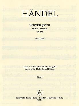 Illustration de Concerto grosso op. 6/5 en ré M pour 2 hautbois, basson, cordes et b. c. - hautbois 1