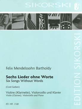 Illustration de 6 Lieder ohne Worte pour violon ou clarinette, violoncelle et piano (romances sans paroles)