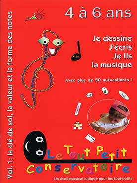 Illustration de Je dessine, j'écris, je lis la musique - Vol. 1 : pour les 4-6 ans, la clé de sol, valeur et forme des notes (44 pages et 2 pages d'autocollants)