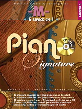 Illustration de Piano signature 5 en 1 : 10 chansons adaptées pour piano solo niveau débutant et intermédiaire, avec CD play-along, paroles et accords
