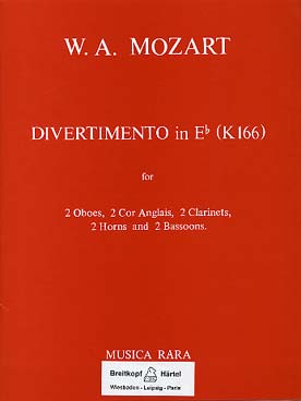 Illustration de Divertimento KV 166 en mi b M (2 hautbois, 2 cors anglais, 2 cors, 2 clarinettes et 2 bassons)