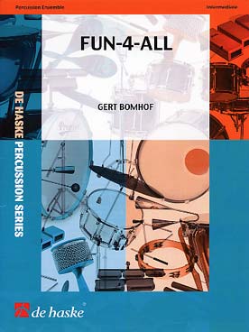 Illustration de Fun-4-all pour ensemble de percussions (glockenspiel, 4 marimbas, vibraphone, cloche à vache, temple blocks, bongos, batterie, timbales)