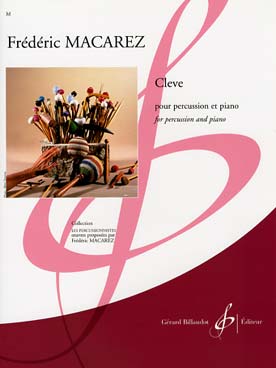 Illustration de Cleve pour percussion (caisse claire, toms, grosse caisse, cymbale suspendue, cow bell, triangle, wood block) et piano