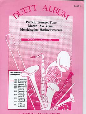 Illustration de DUET ALBUM Vol. 2 : PURCELL Trumpet tune, MOZART Ave verum, MENDELSSOHN Marche nuptiale (tr. J. F. Michel pour 2 trompettes en si b et piano ou orgue)
