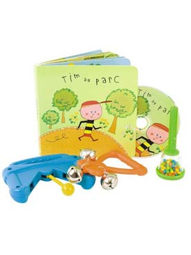 Illustration de TIM AU PARC : livre CD avec 3 petits instruments (hochet grelots, hochet cloche, hochet pendule), dans un coffret pour enfants à partir de 2-3 ans