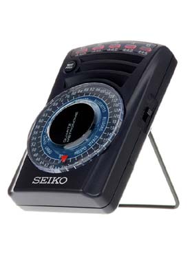 Illustration de SEIKO SQ-60: Tempo réglable par molette rotative (40 à 208 battements minute). Signal optique (diode) et/ou acoustique imitant le son d'un métronome mécanique. 2 sons, vol. réglable, notice en anglais