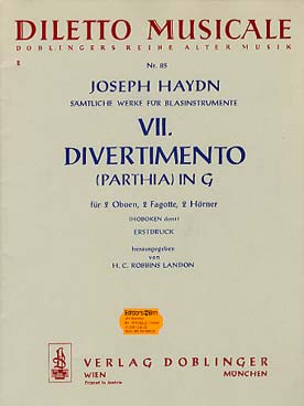Illustration de Divertimento en sol M Hob. deest pour 2 hautbois, 2 cors et 2 bassons