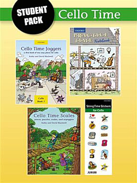 Illustration de Cello time student pack : contient les recueils cello Time Joggers, Cello Time Scales 1, Practice Time Notebook, et stickers Cello Time