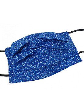 Illustration de MASQUE en tissu coton imprimé notes, 2 couches de tissu, réglable au niveau du nez avec élastiques souples, bleu impression notes bleu ciel 100% coton, fabriqué en UE